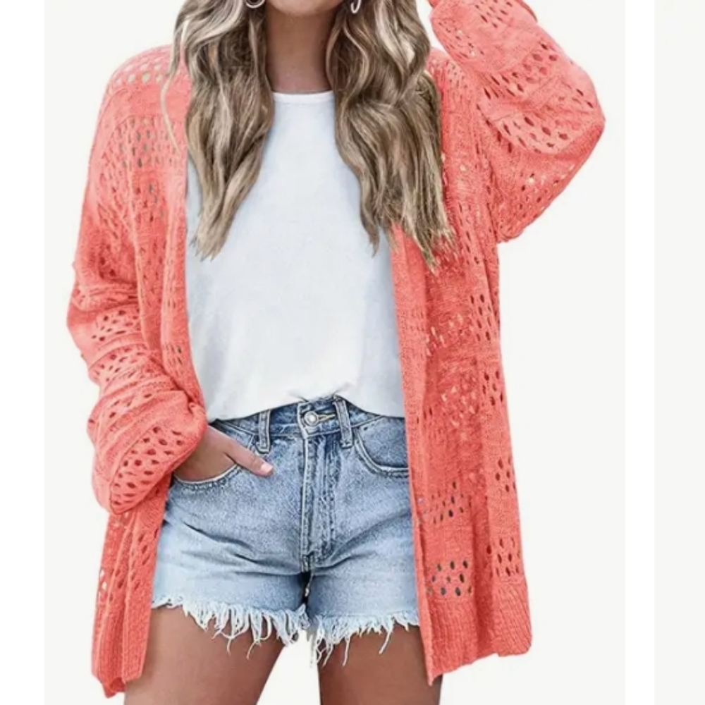 NEW Boho Crochet Lace Open Front Cardigan Tunic Coral Women's One Size